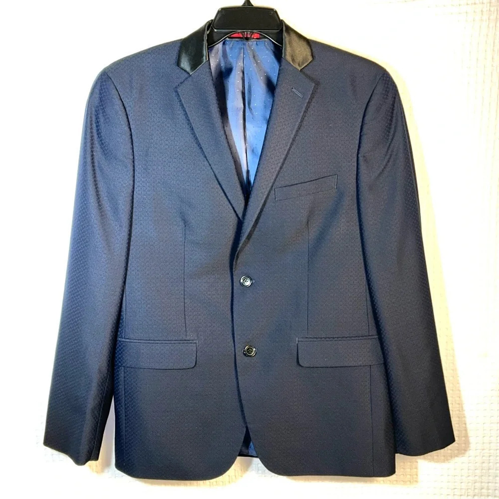 Alfani Mens Size 38L 38 Slim-Fit Diamond Grid Tuxedo Dinner Jacket Blue Black